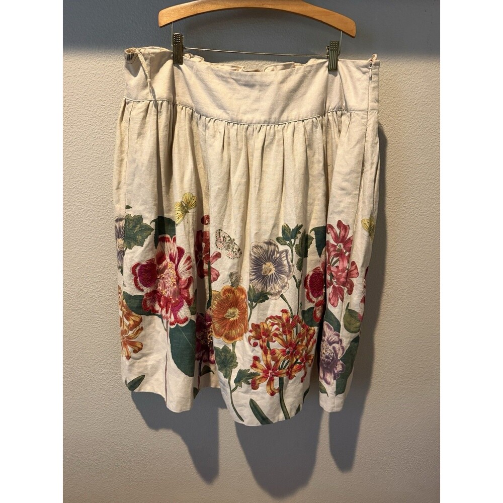 Anthropologie Beige Multicolor Floral Pleated A-Line Knee Skirt Lined Button XL